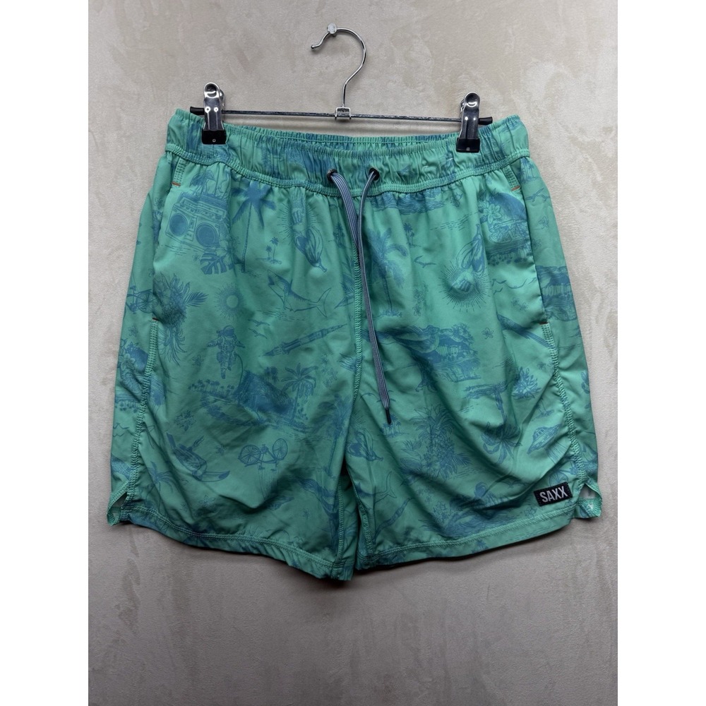 Saxx Swim Trunks Shorts Men M Blue Cannonball 2N1 Tropical Print 6" Inseam Beach